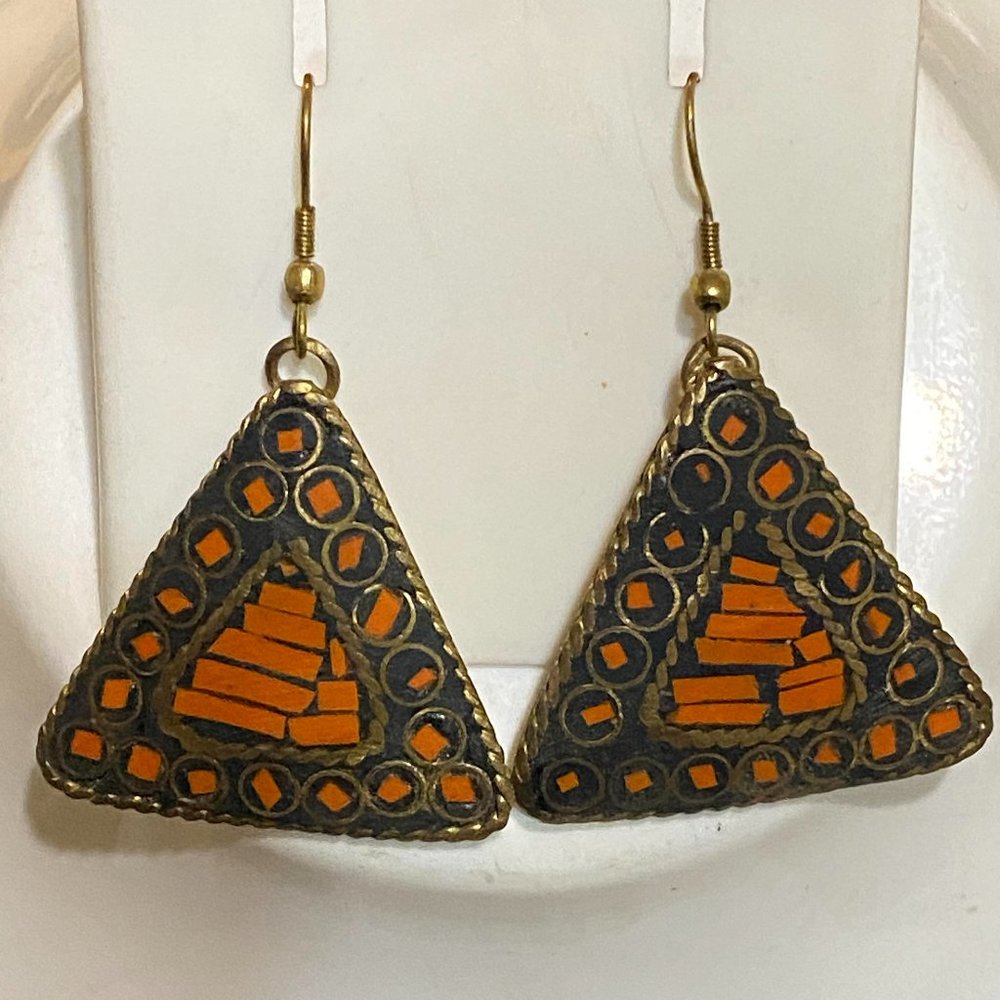 Ethnic Bohemian  Triangle Dangle Brass Filled with cut Gemstone Earring.